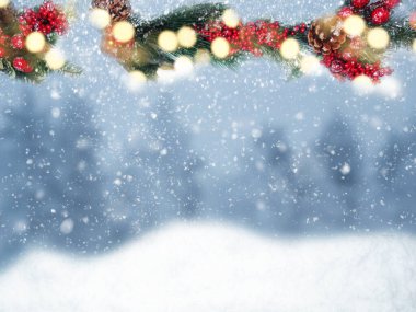 Kış Noel arkaplanı köknar dalları koniler ve kar çelengi ışıkları