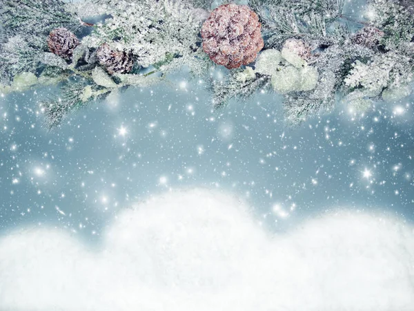 Зимний Рождественский Фон Еловыми Ветками Гирляндами — стоковое фото