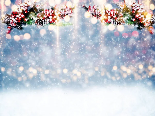 Iarna Crăciun Fundal Ramuri Brad Conuri Zăpadă Ghirlande Lumini — Fotografie, imagine de stoc