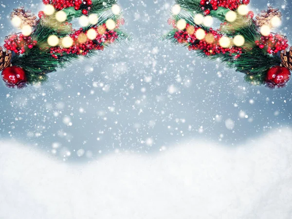 Winter Christmas Background Fir Branches Cones Snow Garland Lights — Stock Photo, Image