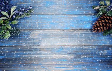 Kış Noel arkaplanı köknar dalları koniler ve mavi ahşap dokuda kar                              
