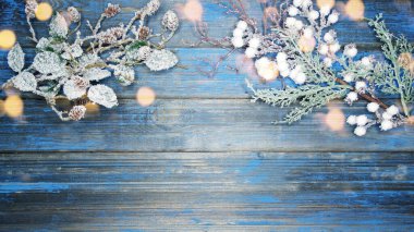 Kış Noel arkaplanı köknar dalları koniler ve mavi ahşap dokuda kar                              