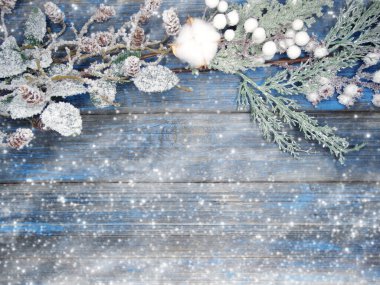 Kış Noel arkaplanı köknar dalları koniler ve mavi ahşap dokuda kar                              
