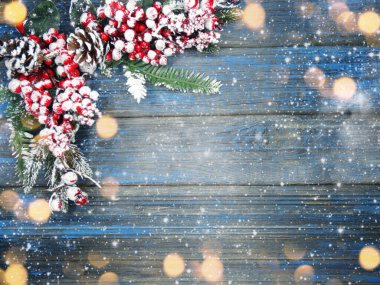 Kış Noel arkaplanı köknar dalları koniler ve mavi ahşap dokuda kar                              