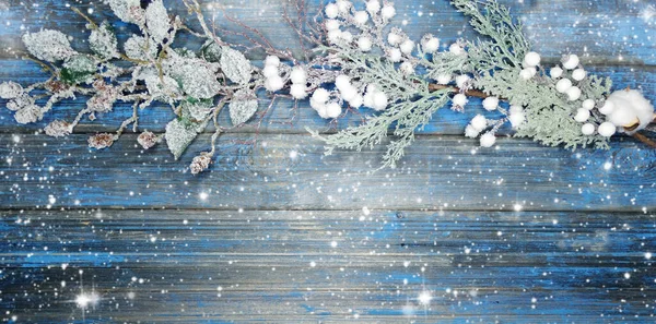 Kış Noel Arkaplanı Köknar Dalları Koniler Mavi Ahşap Dokuda Kar — Stok fotoğraf