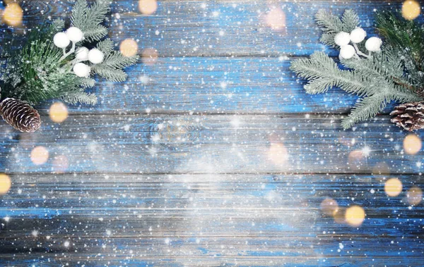 Winter Christmas Background Fir Branches Cones Snow Blue Wooden Texture Royalty Free Stock Photos