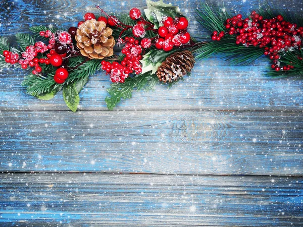 Winter Christmas Background Fir Branches Cones Snow Blue Wooden Texture — Stock Photo, Image