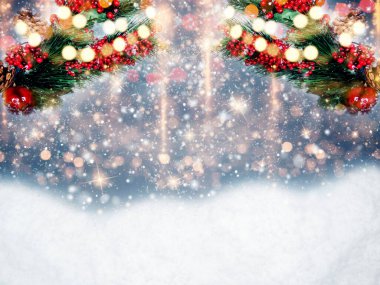 Kış Noel arkaplanı köknar dalları koniler ve kar çelengi ışıkları