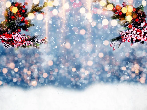 Téli Karácsonyi Háttér Fenyő Ágak Kúp Hófüzér Fények — Stock Fotó