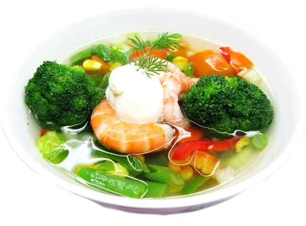 Soup with shrimps vegetables and sea food — Stock Photo, Image