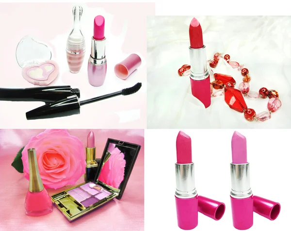 Conjunto cosmético para maquiagem batom rímel sombras — Fotografia de Stock