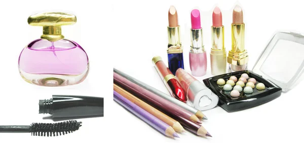 Set cosmético para maquillaje pintalabios rímel sombras de ojos —  Fotos de Stock