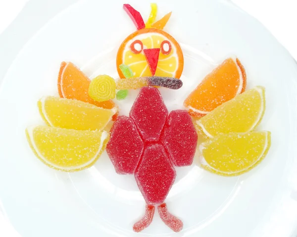 Creatieve marmelade vruchten jelly zoete voedsel vogel formulier — Stockfoto