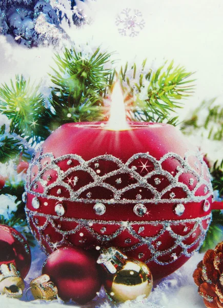Kerst kaars achtergrond lint fir decoratie — Stockfoto