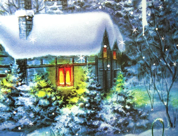 Christmas background house snow and stars — Stock Photo, Image