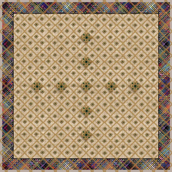 ekose eşarp tasarımı ve altın zincir süslemeleri.