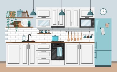 Beyaz mobilyalarla mutfak içi. Düz stil yemek odası vektör illüstrasyonu. Rahat mutfak modern tasarım arka plan şablonu. Ev eşyaları ve yemek malzemeleri.. 