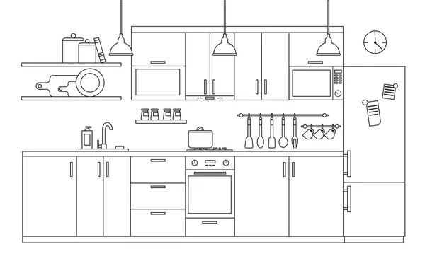 Moderne Kücheneinrichtung Mit Möbeln Geradlinigen Stil Architektonische Skizze Esszimmer Mit — Stockvektor