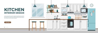 Beyaz mobilya arka plan şablonlu modern mutfak tasarımı. Düz stil yemek odası vektör illüstrasyonu. Ev eşyaları ve yemek pişirme aletleri. Fincan, mikrodalga, masa, soba, buzdolabı. Pankart, ağ ve ortam için mükemmel.