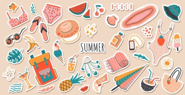 Günlük planlayıcılar için şirin vektör yaz çıkartmaları seti. Plaj partisi için hatıra defteri ögeleri koleksiyonu: kokteyl, çanta, dondurma, bikini, plaj şapkası, karpuz. Tropik tatiller.