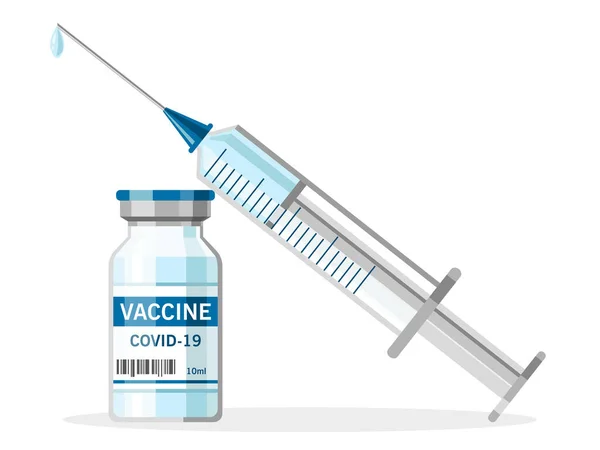 从Covid 19病毒分离出来的带蓝色疫苗注射器的瓶子和注射器 接种疫苗的时间 停止大流行 医疗保健 网页设计的抗病毒医学概念 — 图库矢量图片