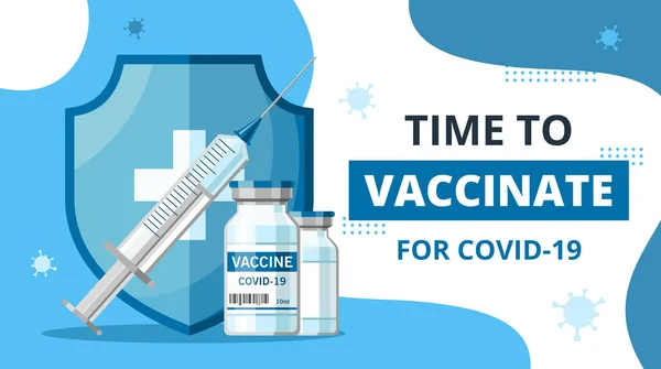 ワクチン接種までの時間 Covid 19ウイルスからのワクチン注射とボトルと注射器 医学的治療と医療 ウェブデザインのための抗ウイルスワクチンの概念 バナー ポスター パンデミックコロナウイルスを停止 — ストックベクタ
