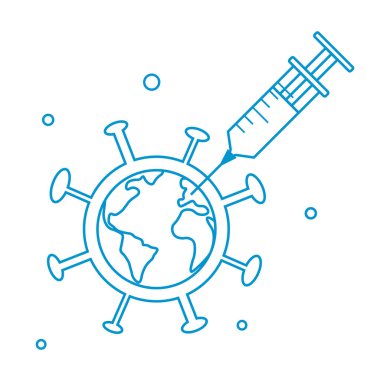Aşı zamanı. Dünya salgını -19.Küresel Aşı Konsepti. Coronavirus Çizgisi ikonu. Bağışıklık kampanyası. Aşı ve şırınga enjeksiyonu.