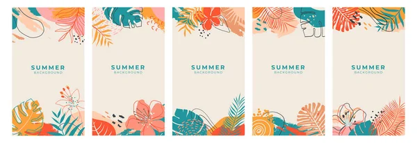 Conjunto Coloridos Fondos Abstractos Verano Con Hoja Palma Tropical Para — Archivo Imágenes Vectoriales