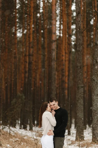 Υπέροχο ζευγάρι αγκαλιάζει στο φόντο του δάσους το χειμώνα με τον τόπο για το κείμενό σας. Σχέση, χειμερινές διακοπές. Χειμερινό ζευγάρι ιδέες φωτογραφία — Φωτογραφία Αρχείου