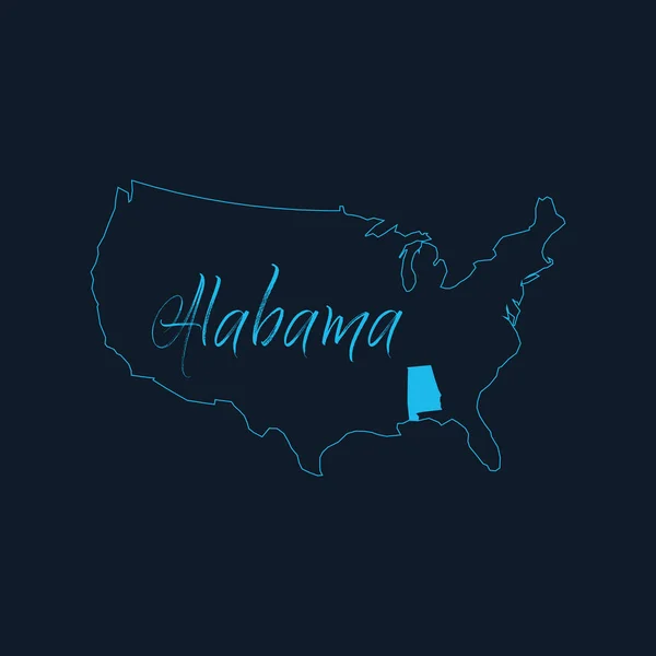 Alabama staat gemarkeerd op de kaart van de Verenigde Staten van Amerika, USA infographics template. Voorraadvector illustratie geïsoleerd op blauwe achtergrond. — Stockvector