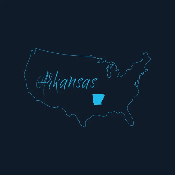 Estado de Arkansas resaltado en el mapa de Estados Unidos de América, plantilla de infografías de Estados Unidos. Stock ilustración vectorial aislado sobre fondo azul. — Vector de stock