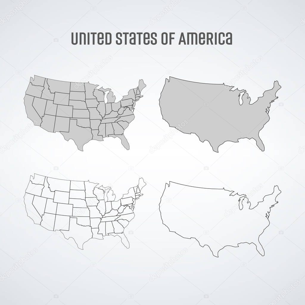 Simplified vector map of United States of America, map set with states. Stock vector illustration isolated