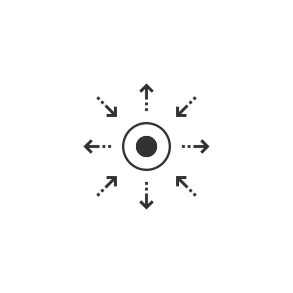 Ícone do epicentro, quatro setas apontando para um ponto dentro de um círculo e fora, ponto de encontro, lugar de montagem. Ilustração do vetor de estoque isolado no fundo branco. —  Vetores de Stock