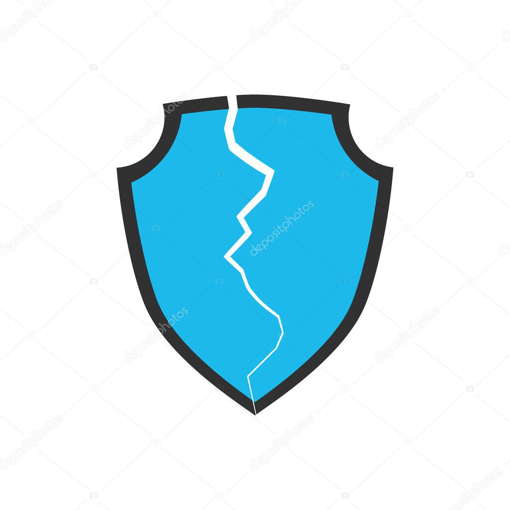 Broken security shield with crack. Stock vector illustration isolated