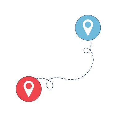 Noktadan noktaya yol, yol takibi, iz sürme. Noktalı yol haritasında seyahat işaretleri var. Hisse Vektörü illüstrasyonu beyaz arkaplanda izole edildi.