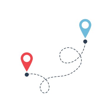 Noktadan noktaya yol, yol takibi, iz sürme. Noktalı yol haritasında seyahat işaretleri var. Hisse Vektörü illüstrasyonu beyaz arkaplanda izole edildi.