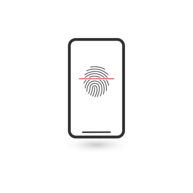 Akıllı telefon ekranında parmak izi simgesi taranıyor. Kimlik simgesine dokun. Lineer düz trend modern logo grafik sanat tasarımı unsuru beyaza izole edildi. Telefonu işaret parmağıyla açma kavramı veya