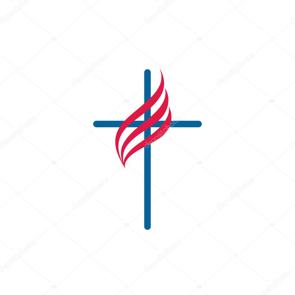 Cross on fire christian church logo. Vector icon for christian organizations. Fire sign in a shape of cross. Isolated abstract graphic design template.