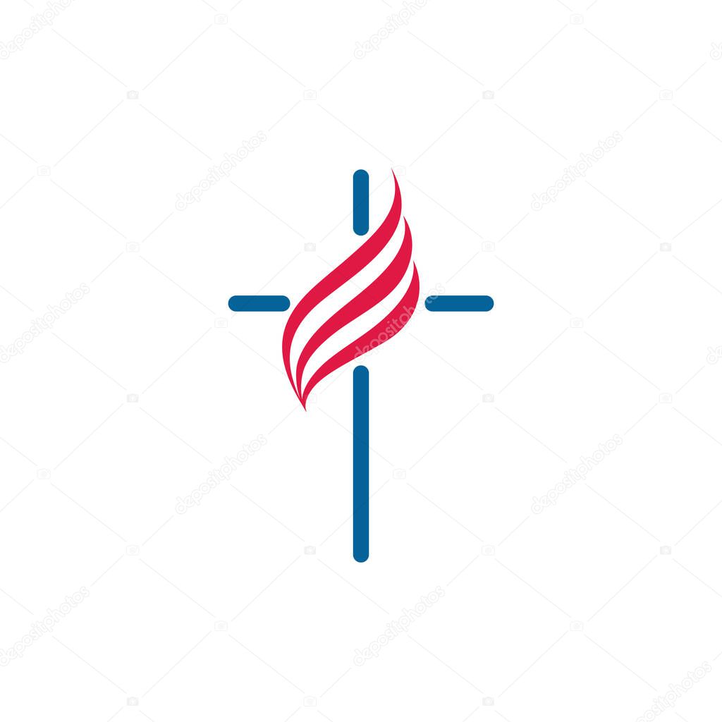 Cross on fire christian church logo. Vector icon for christian organizations. Fire sign in a shape of cross. Isolated abstract graphic design template.