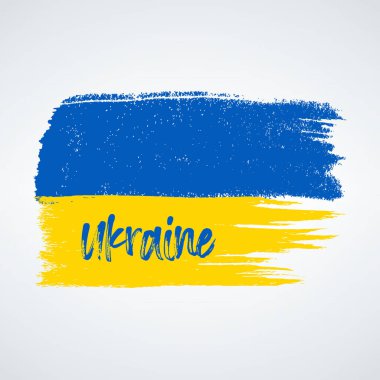 Ukrayna bayrağının renklerini içeren bir fırça darbesi tasarımı, üstü mavi, altı sarı ve modaya uygun bir yazı tipiyle yazılmış 'Ukrayna' kelimesi.