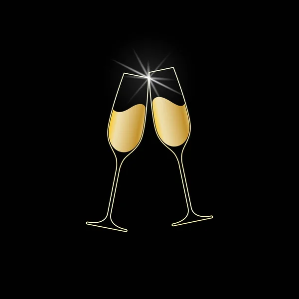 Klappergläser Champagner Ikone Prost Mit Zwei Sektgläsern Auf Schwarzem Hintergrund — Stockvektor