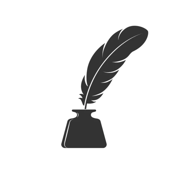 インクウェルと羽根のグラフィックアイコン 墨色の羽は白地に孤立している ヴィンテージシンボル ベクターイラスト — ストックベクタ
