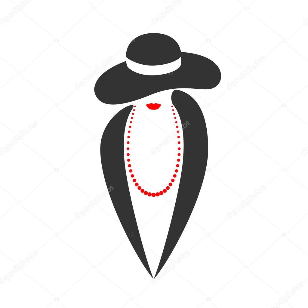 Lady graphic icon. Woman in hat sign isolated on white background. Fashion symbol. Vector illustration