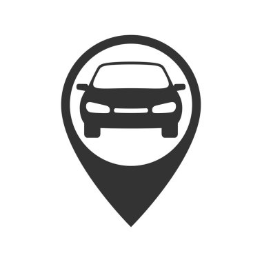 Harita işaretleyicisi ve araba grafik simgesi. Beyaz arka planda izole edilmiş bir araba tabelası kirala. Araba paylaşımının sembolü. Vektör illüstrasyonu