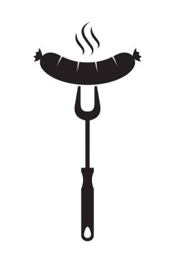 Izgara sosis ızgara çatal ikonu. BBQ çatalındaki sıcak sosis beyaz arka planda izole edilmiş tabela. Vektör illüstrasyonu