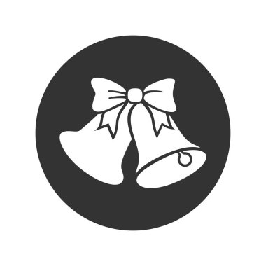 Noel çanları grafik sembolü. Çemberin içinde iki çan işareti olan kurdele beyaz arka planda izole edilmiş. Vektör illüstrasyonu