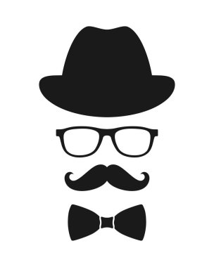 Hippi tarzı grafik aksesuar seti. Beyaz arka planda şapka, gözlük, bıyık ve papyon işaretleri var. Vektör illüstrasyonu