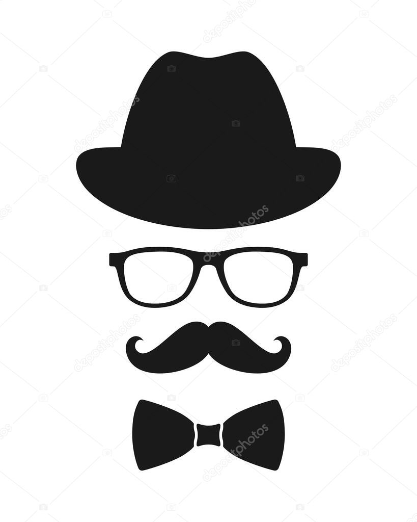 Hipster style graphic accessory set. Hat, glasses, mustache and bow tie signs isolated on white background. Vector illustration