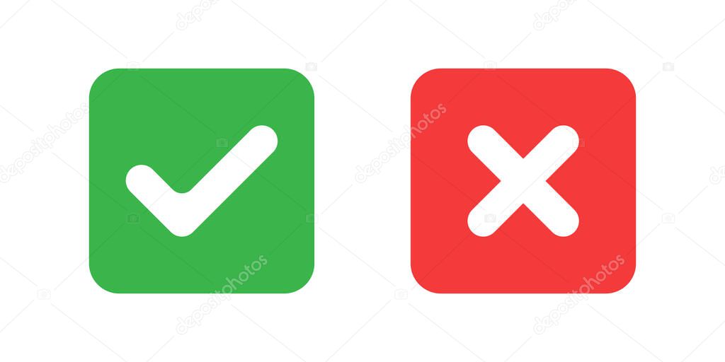 Check mark icon. Tick and cross symbols. Buttons with checkmark and cross. Marks isolated on white background. Vector illustration