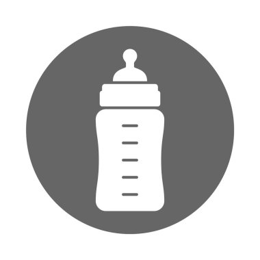 Bebek beslenme şişesi ikonu. Beyaz arka planda izole edilmiş çemberde bebek sütü şişesi işareti var. Vektör illüstrasyonu